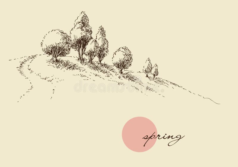 Spring nature wallpaper, trees on a hill sketch royalty free illustration