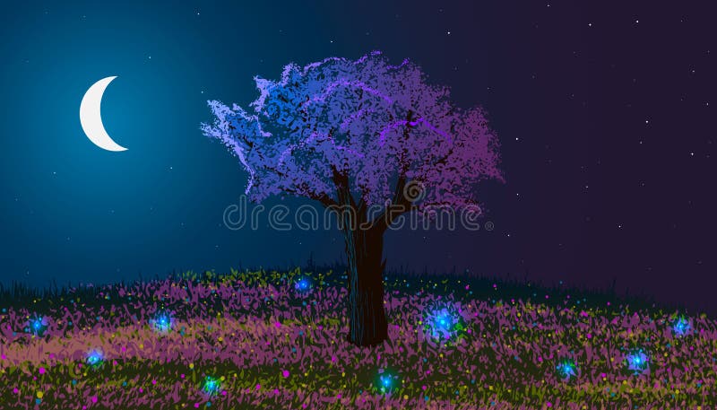 Spring. Night landscape. Blooming tree on a hill with flowers and glowworms.