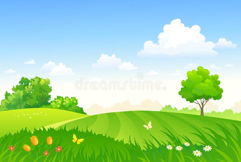 Spring pasture, green field landscape