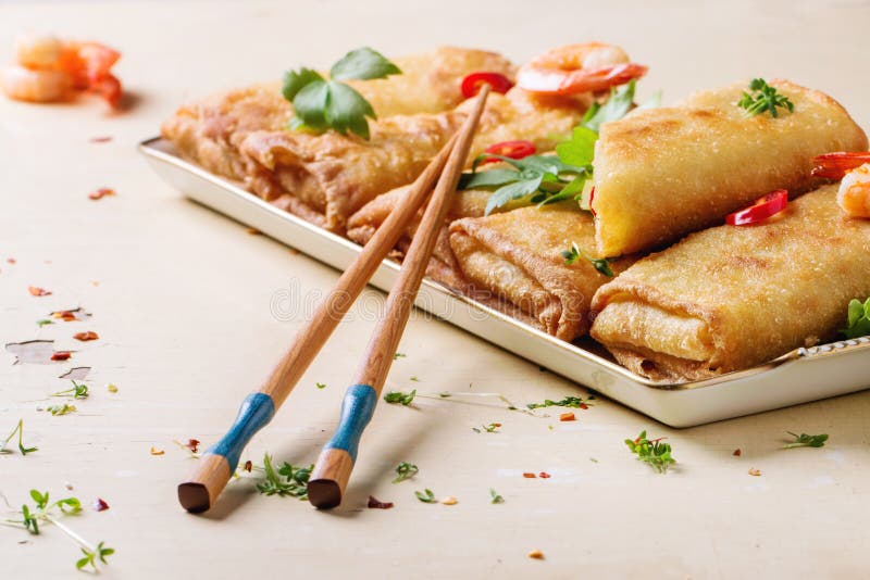 Spring rolls with vegetables and shrimps