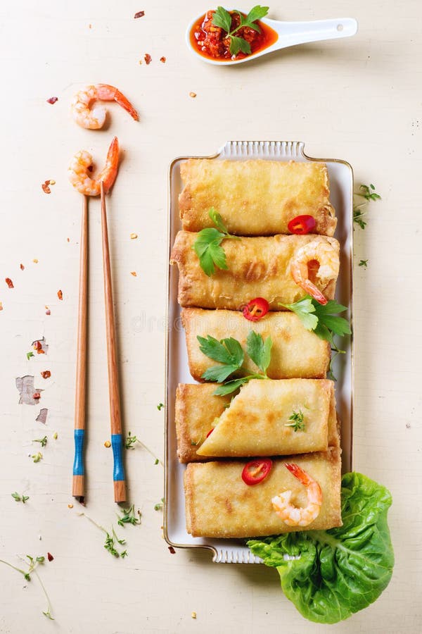 Spring rolls with vegetables and shrimps