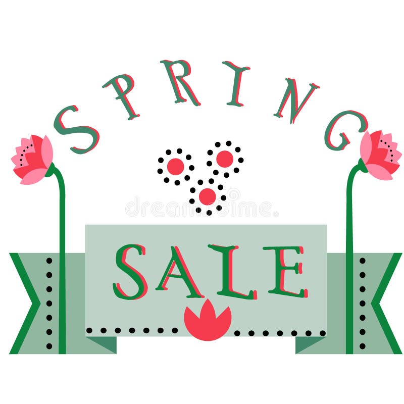 Spring sale, discount hand drawn cartoon banner. Shopping sticker. Price reduction. Announcement flier board. Trade commerce element. Promo sign. Sweet colorful flowers. Announcement of sale.