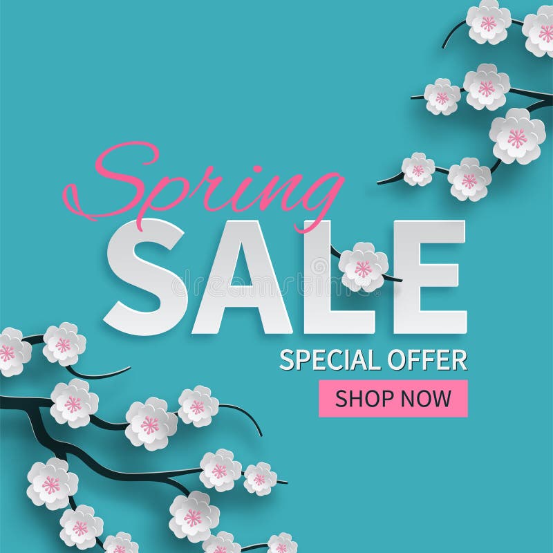 Spring sale floral banner with paper cut blooming pink cherry flowers on blue background for seasonal design of banner, flyer