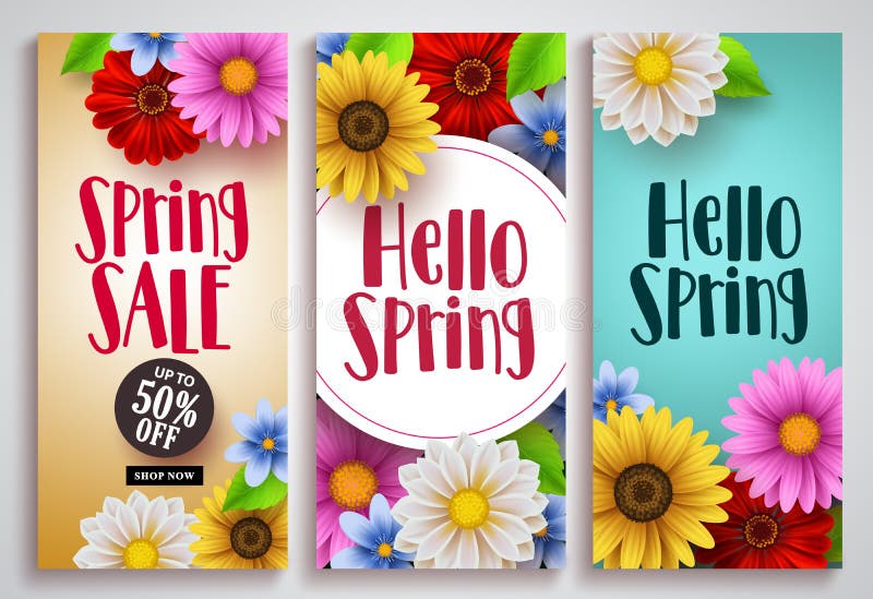 Spring sale and hello spring vector poster set designs with colorful background royalty free illustration Spring sale and hello spring vector poster set designs with colorful background royalty free illustration