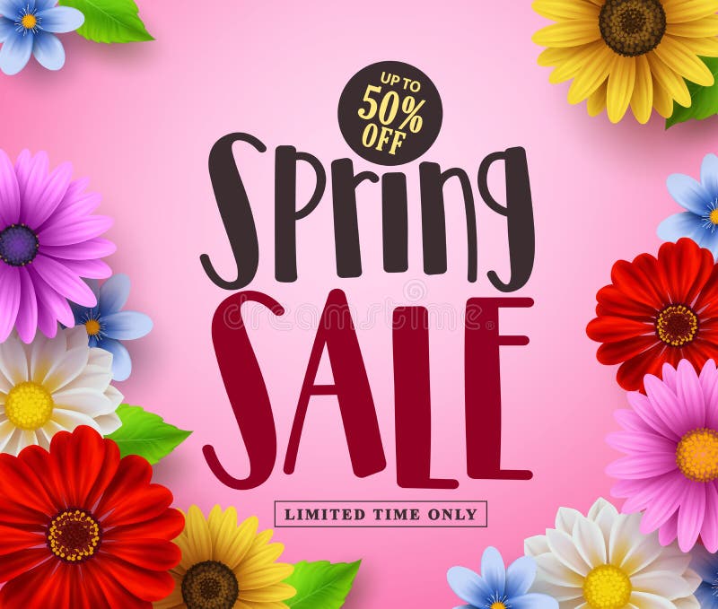 Spring sale vector banner design with text and colorful flowers like daisy vector illustration Spring sale vector banner design with text and colorful flowers like daisy vector illustration
