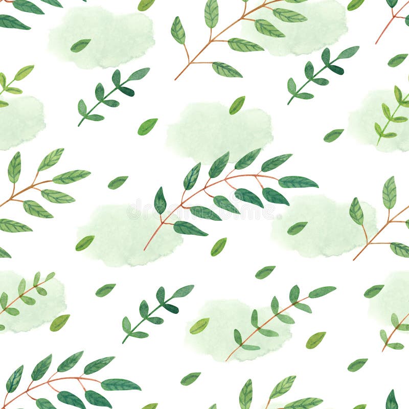 Spring seamless pattern with tree branches with leaves and green watercolor spots
