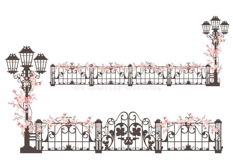 Spring season vector design of iron gate, fence and street light among sakura flowers