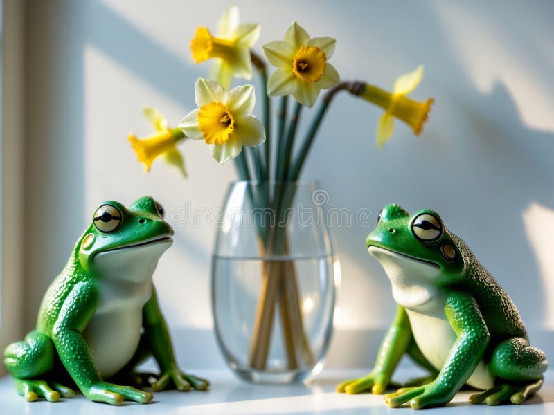 Spring Still Life with Ceramic Frogs and Daffodils in a Vase by the Window. stock photo