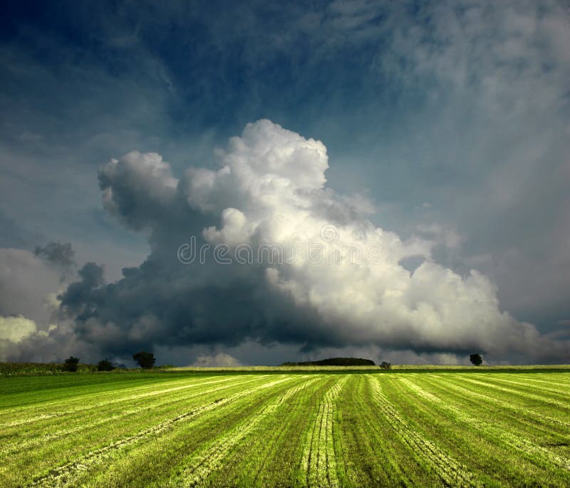 Jarní bouře na zelené pole s monumentální cumulonimbus na modré obloze.