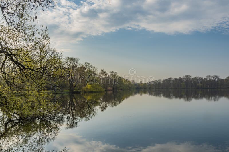 Spring sunny morning near Schwanenteich pond in Zwickau city