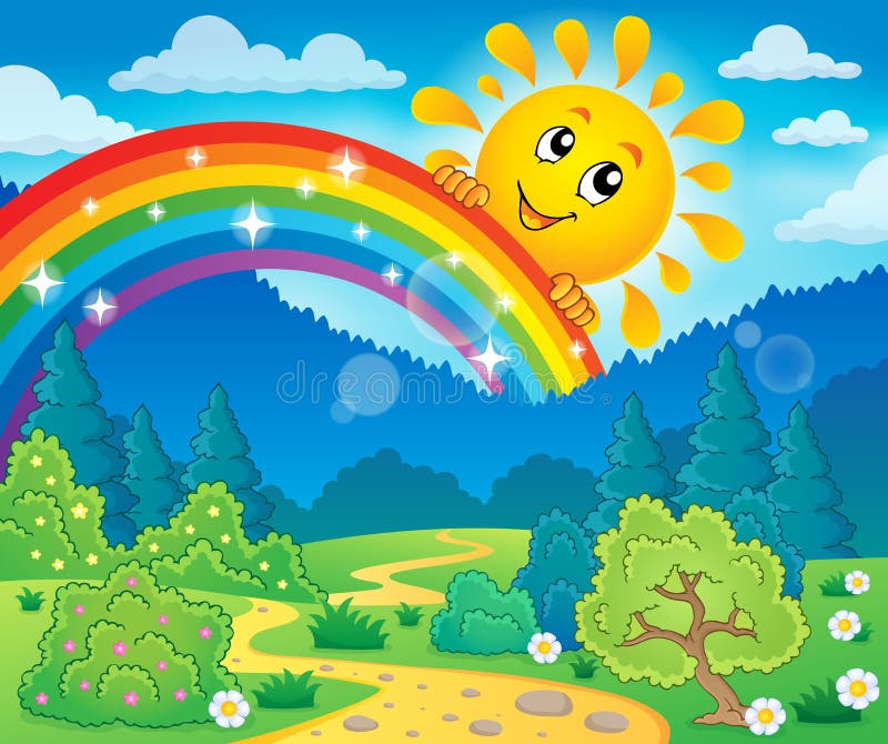 Landscape with Sun and Rainbow Stock Vector - Illustration of rural ...