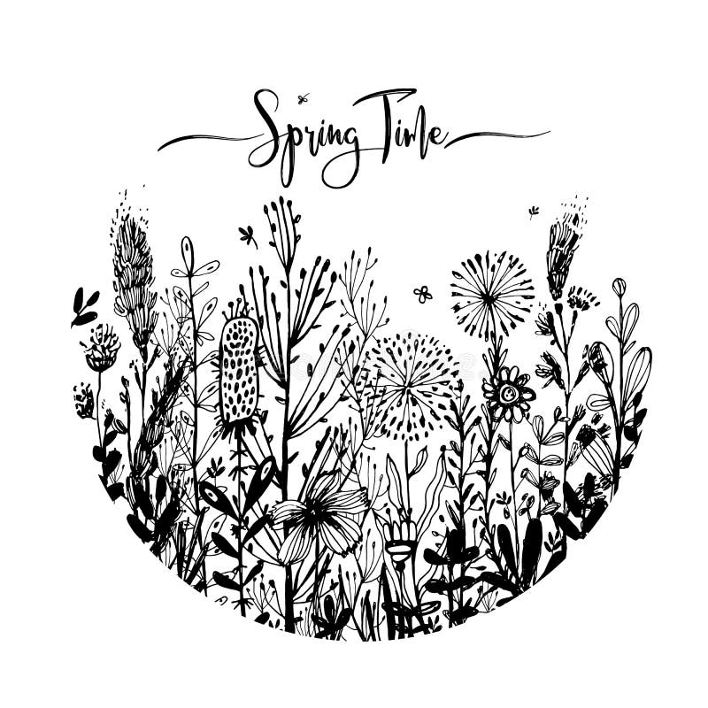 Spring time wording with hand drawn flowers in a circle, Set of black doodle elements, grass, leaves, flowers. Vector vector illustration