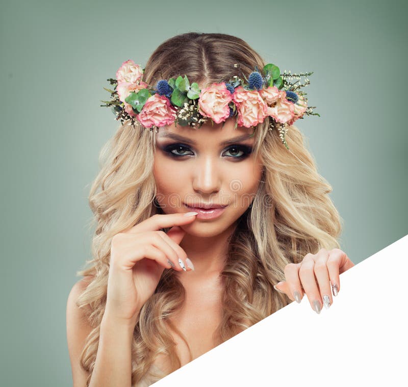 Spring Woman with Flowers Hairstyle Holding White Banner