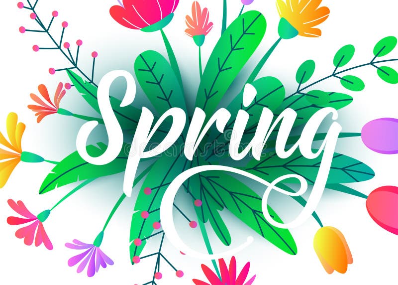 Spring word vector background with flat minimal flowers, leaves isolated on white. Floral springtime graphic design royalty free illustration Spring word vector background with flat minimal flowers, leaves isolated on white. Floral springtime graphic design royalty free illustration