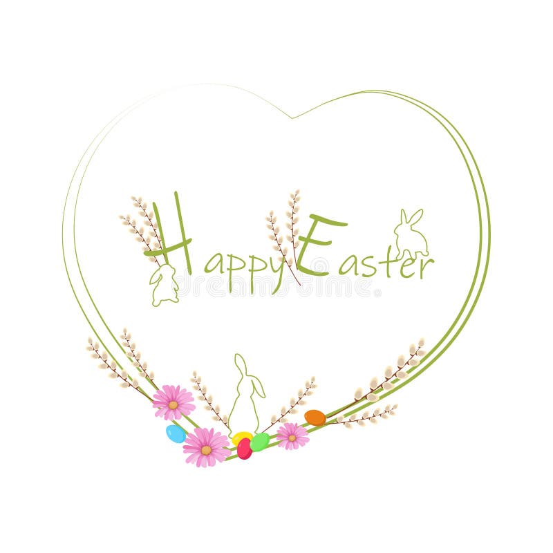 Spring Wreath Illustration with Flowers, Colored Eggs, Willow Branches, Bunnies Text on White