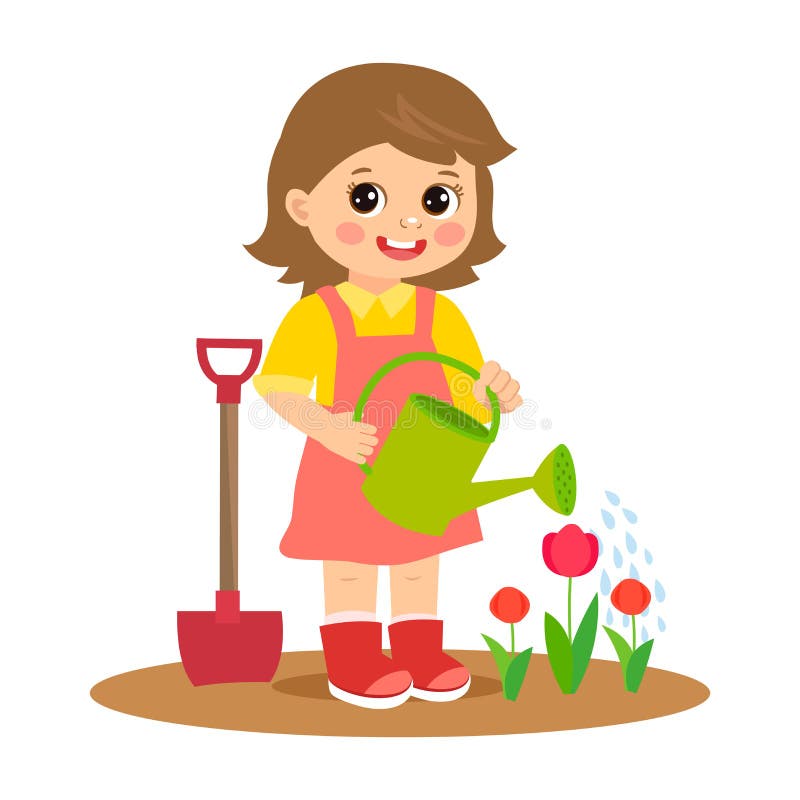 Spring In Your Step Cute Cartoon Girl Working In The Garden Vector Illustration Stock Vector