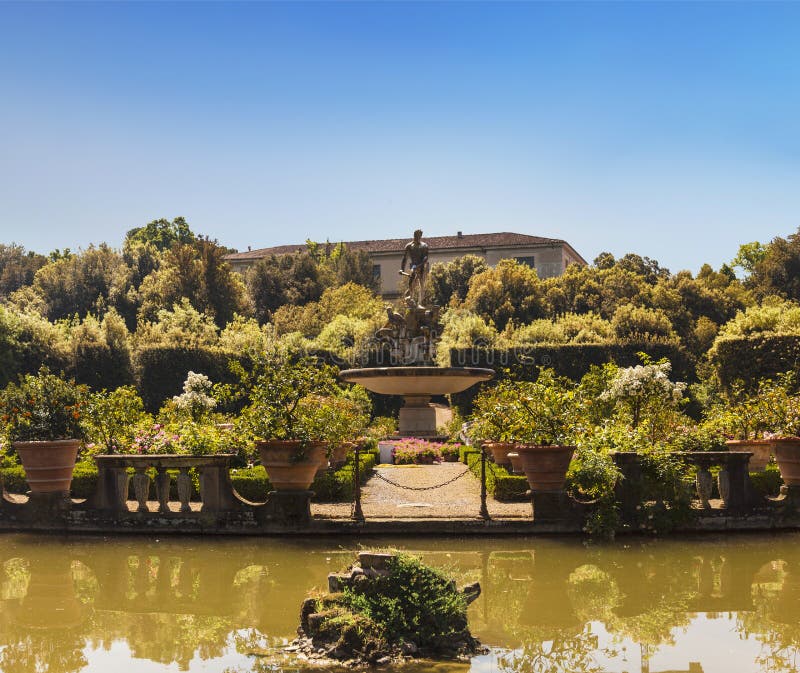 Springbrunnhavet med statyn av Neptun i den Boboli trädgården, Florence, royaltyfria foton Springbrunnhavet med statyn av Neptun i den Boboli trädgården, Florence, royaltyfria foton
