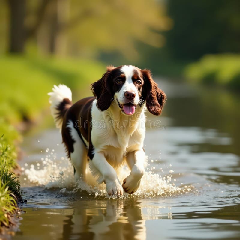 Springer Spaniel ściąga kaczki Francuskie wiejskie polowanie czarujące ilustracja wektor