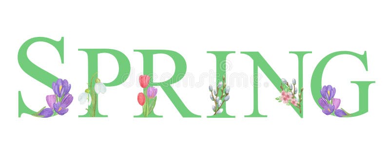 Springtime floral inscription, letters with watercolor flowers tulips, snowdrops, pussy willow branches, crocus royalty free illustration Springtime floral inscription, letters with watercolor flowers tulips, snowdrops, pussy willow branches, crocus royalty free illustration