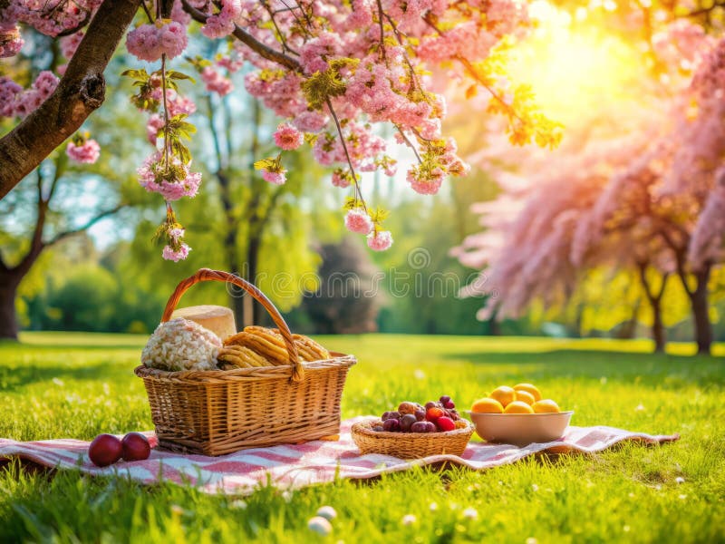 Springtime Picnic Delight A Vibrant Park Scene fylld med blommor och en charming Picnic Basket stock illustrationer