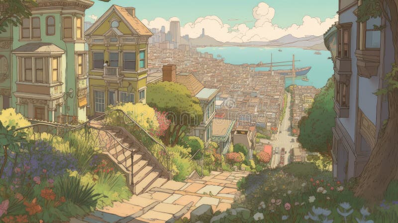 Springtime in San Francisco in Studio Ghibli Art Style Stock
