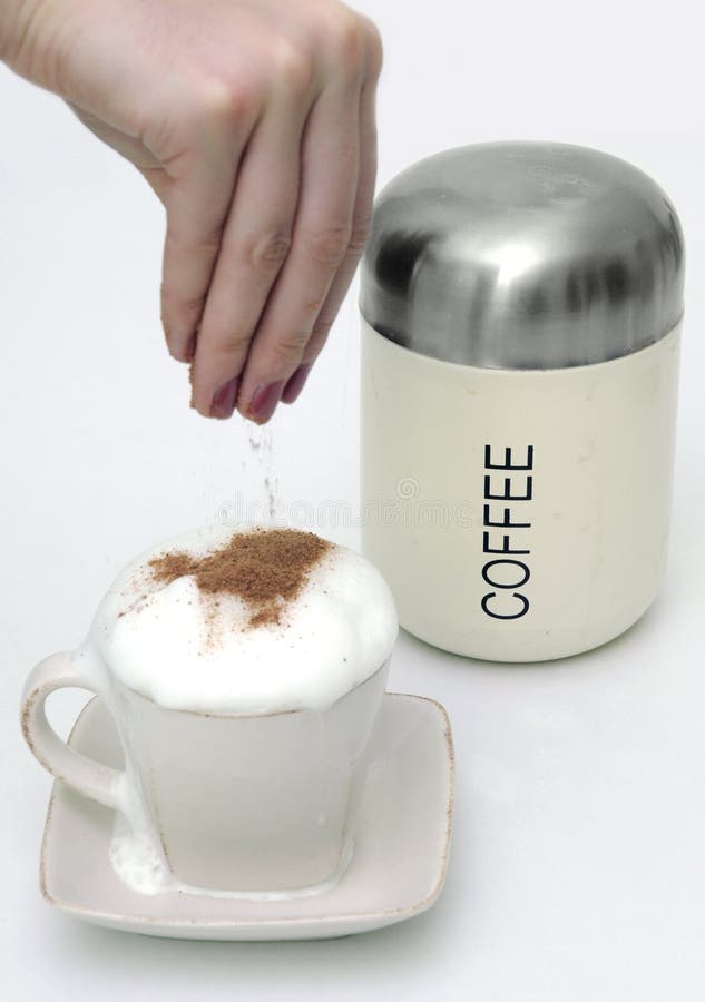 Sprinkle Coffe With Chocolate Stock Image Image of metal, white 18361851