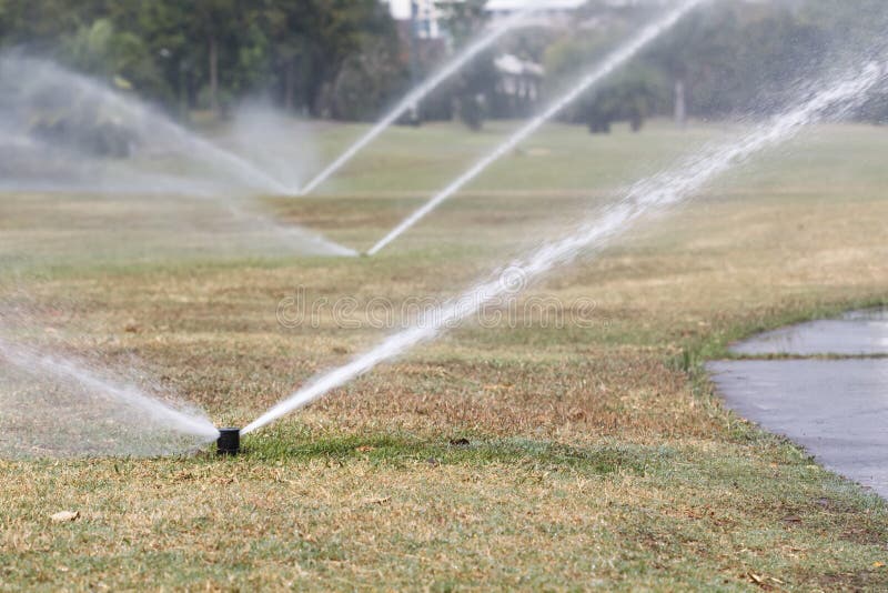 Sprinkler watering in golf course stock photo
