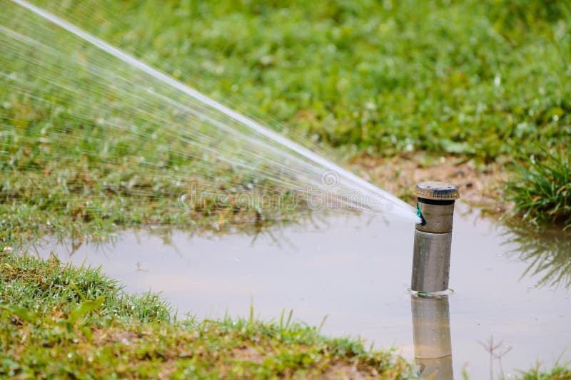 Sprinkler watering the grass of a public park royalty free stock photos
