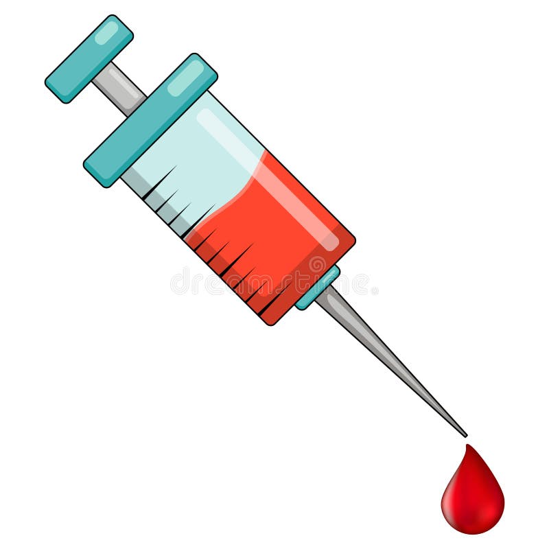 Spritzen- und Blutstropfenkarikaturikone. groß für Impfspendensymbol des entwurfs covid19 oder Blut. medizinische Vektorillustrati stock abbildung