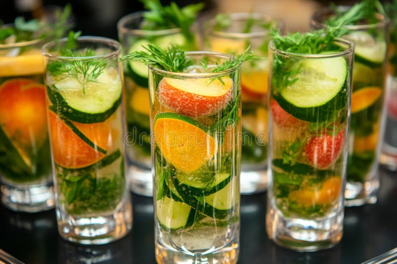 Spritzers colorati, con fette di frutta e erbe fresche, sono serviti in bicchieri eleganti perfetti per un fotografia stock libera da diritti