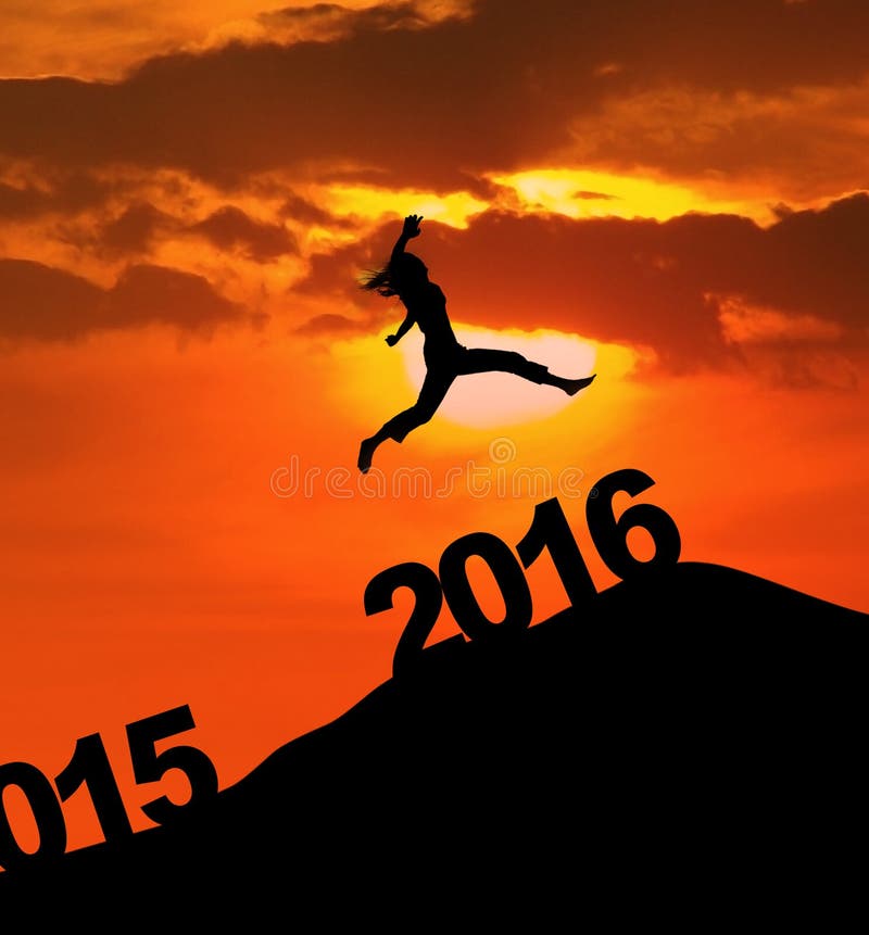 Photo of silhouette woman leaps on the hill above numbers 2016 at dusk time. New year concept. Photo of silhouette woman leaps on the hill above numbers 2016 at dusk time. New year concept