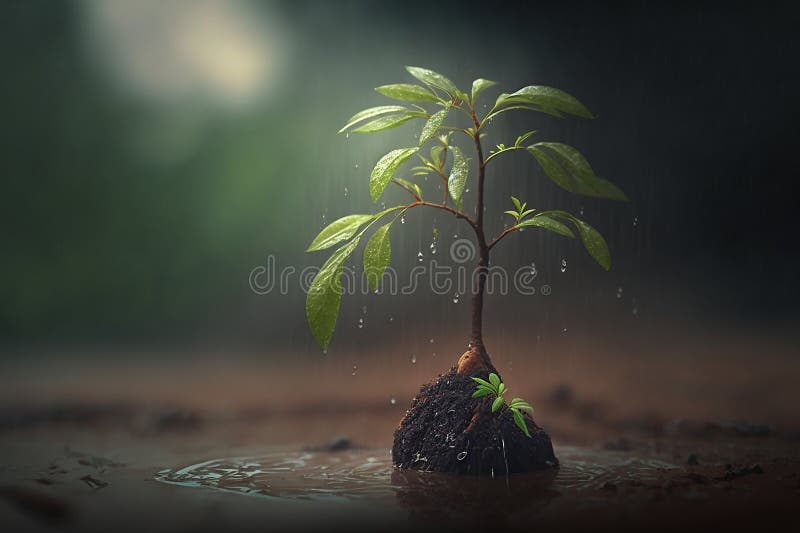 Sprout growing under the rain. Begining of life, green tiny sprout, AI vector illustration