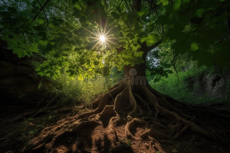 Sprouting tree with sunbeams shining through the leaves vector illustration