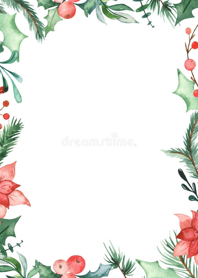 Spruce branches pine holly flowers leaves berries. Watercolor Christmas rectangular frame. Spruce branches pine holly flowers leaves berries. Watercolor Christmas rectangular frame