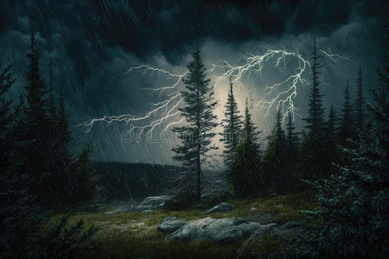 Spruce Forest on Stormy Day with Lightning and Thunder Stock