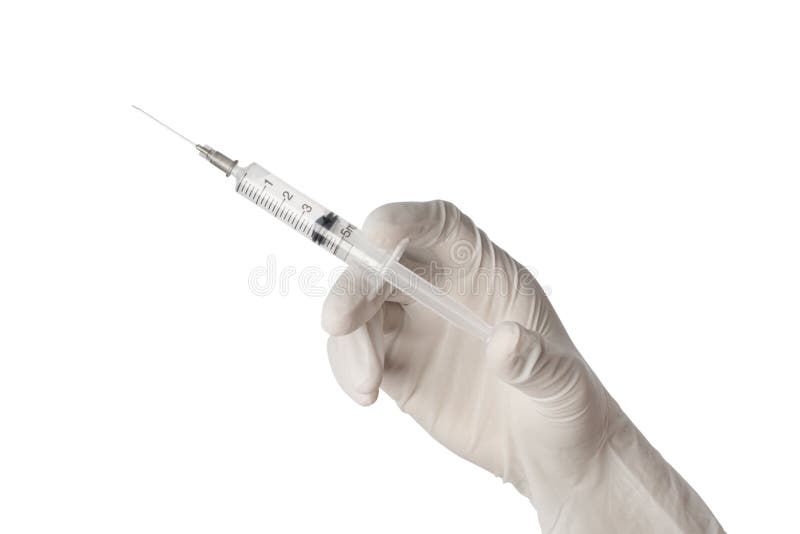 Spruta medicinsk injektion av handmedicin, plastvaccinationsutrustning med nål isolerad på vit bakgrund