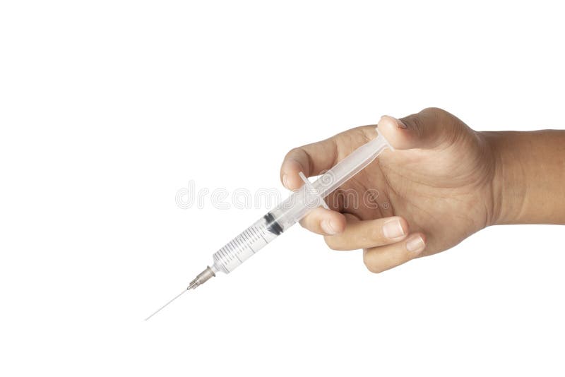 Spruta medicinsk injektion av handmedicin, plastvaccinationsutrustning med nål isolerad på vit bakgrund