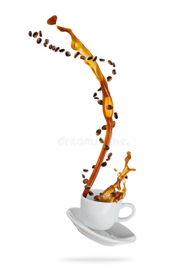 Splashing coffee drink from the cup with flying beans, isolated on white background. Splashing coffee drink from the cup with flying beans, isolated on white background