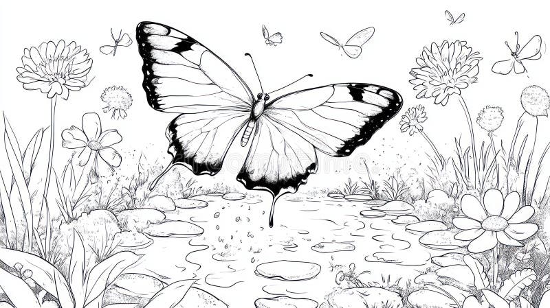 Spruzzatori di farfalla felici nella pagina di colorazione dei bambini dello stagno illustrazione vettoriale