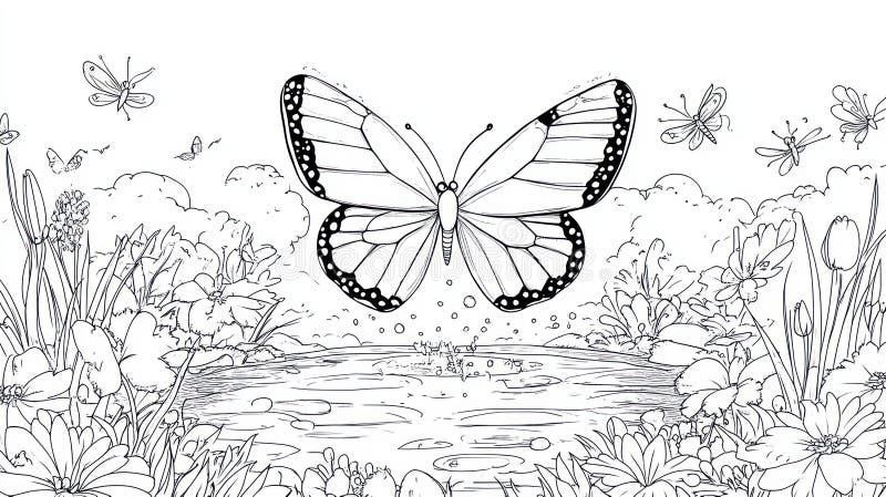 Spruzzatori di farfalla felici nella pagina di colorazione dei bambini dello stagno royalty illustrazione gratis