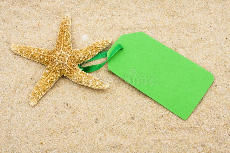 Starfish with blank tag on sand. vacation sale. Starfish with blank tag on sand. vacation sale