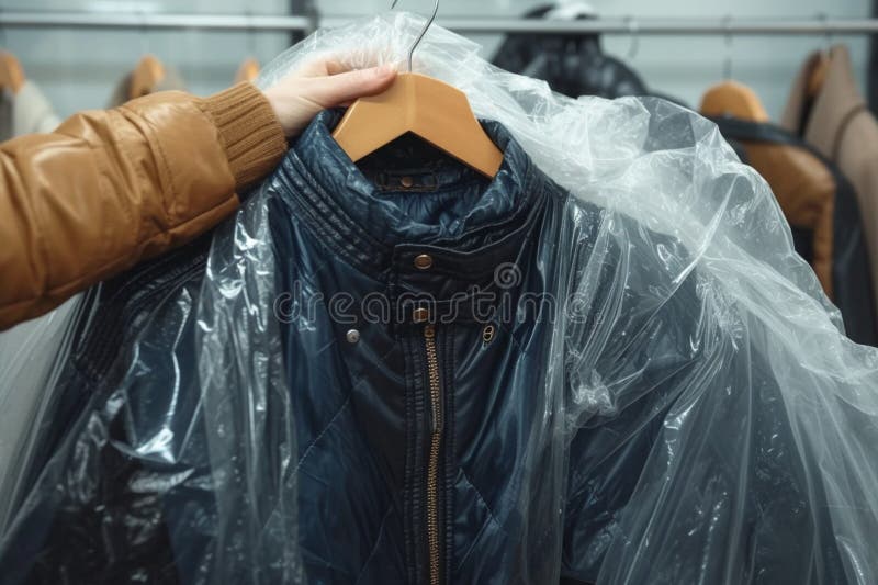 Sprzątanie elegancja kobieta pobiera kurtkę w plastikowej torebce zamkniętej wewnątrz ilustracji