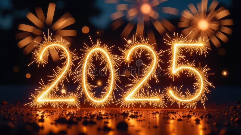 Spumant pentru noul an 2025 cu focuri de artificii vibrante și lumini spumante pe fond întunecat vector illustration