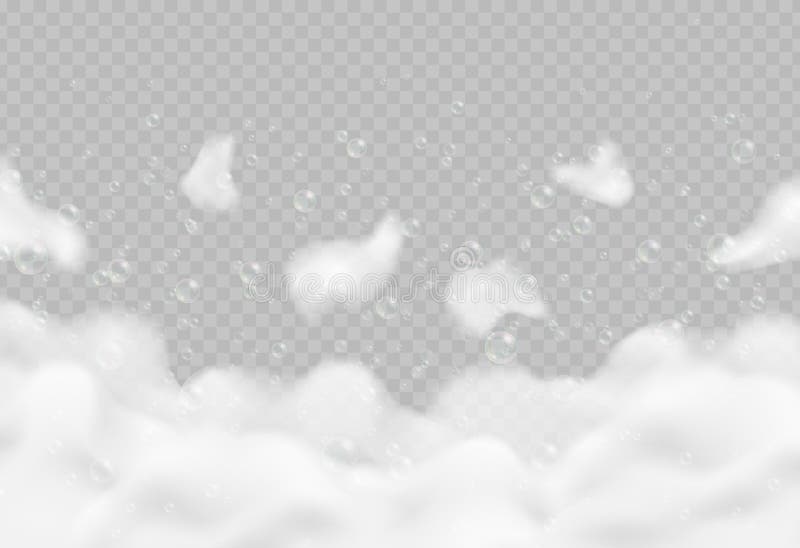 Spumă de baie realistă cu bule izolate pe fond transparent. vector illustration