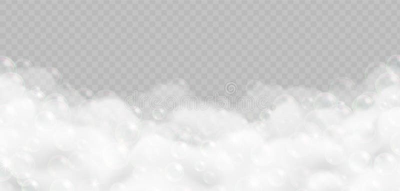 Spumă de baie realistă cu bule izolate pe fond transparent. stock illustration