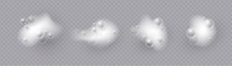 Spumă de baie realistă. efect de atenuare. bule de săpun pe fond transparent stock illustration