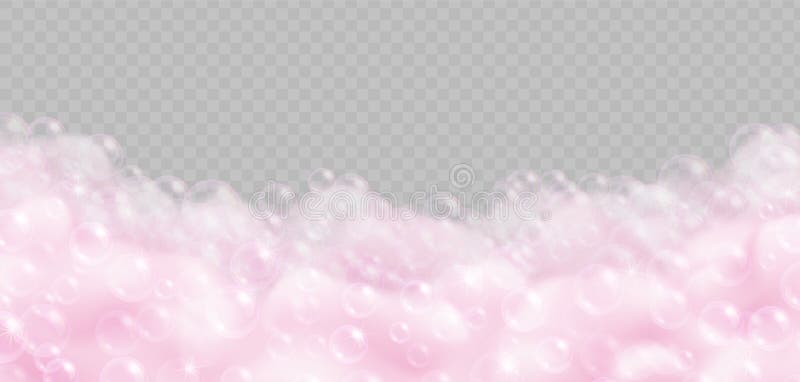 Spumă de baie roz realistă cu bule izolate pe fond transparent. vector illustration
