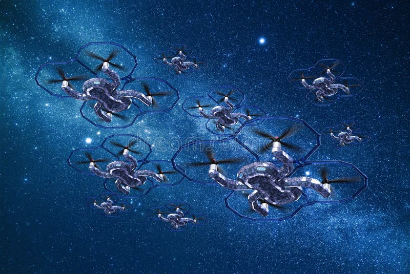 Spy drones flying at night with a 4k night vision camera on the night sky stock image