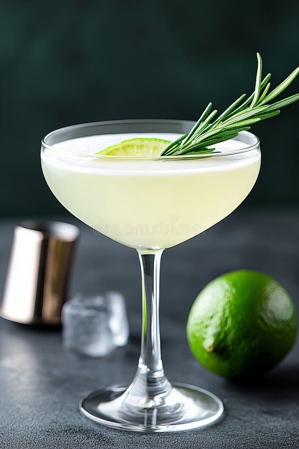 Uppfriskande lime- och rosmarincocktail med is på mörk bakgrund royaltyfri illustrationer