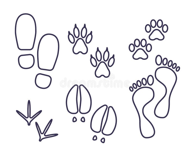 Spår av människan och amimals, översiktsspår, försök av katten, hund, fågel, ko, människa stock illustrationer Spår av människan och amimals, översiktsspår, försök av katten, hund, fågel, ko, människa stock illustrationer